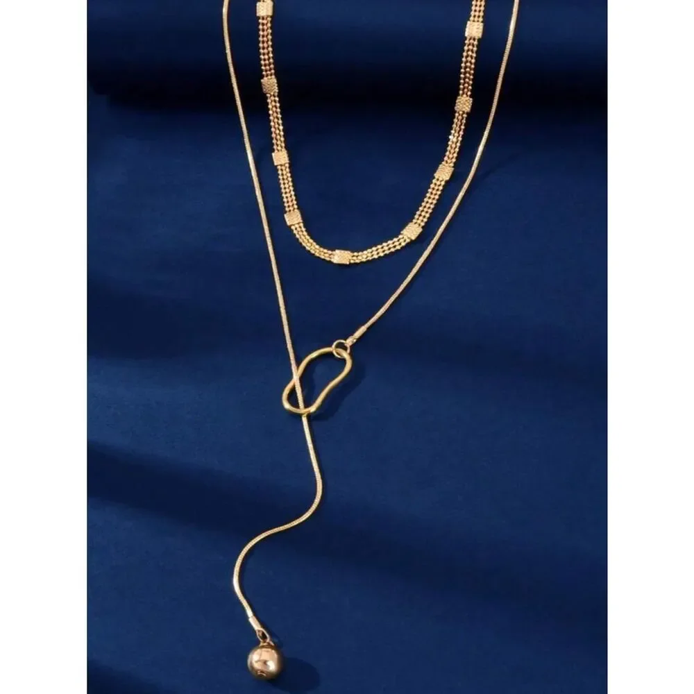 Gold Layered Lariat Necklace Set R 414
